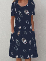 Feather Print Casual Round Neck Short Sleeve Pocket Dress - Midi Dresses - INS | Online Fashion Free Shipping Clothing, Dresses, Tops, Shoes - 07/07/2021 - 10-20 - Category_Midi Dresses