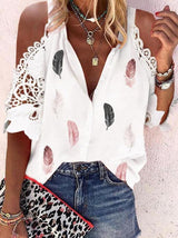 Feather Print Lace Stitching Short Sleeve Blouses - Blouses - INS | Online Fashion Free Shipping Clothing, Dresses, Tops, Shoes - 03/06/2021 - BLO2106030004 - Category_Blouses