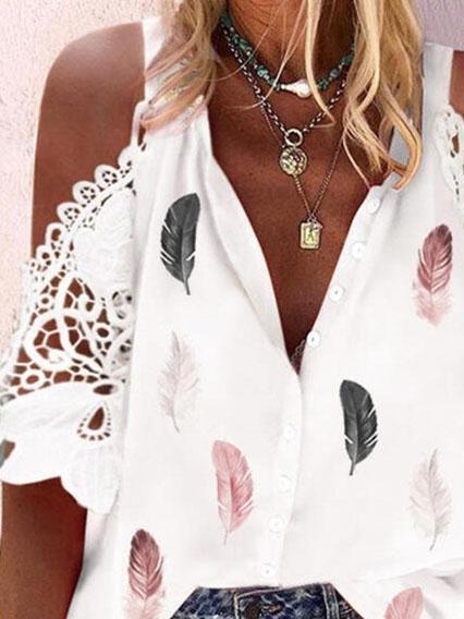 Feather Print Lace Stitching Short Sleeve Blouses - Blouses - INS | Online Fashion Free Shipping Clothing, Dresses, Tops, Shoes - 03/06/2021 - BLO2106030004 - Category_Blouses