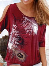 Feather Print Off-shoulder Round Neck T-shirt - T-shirts - INS | Online Fashion Free Shipping Clothing, Dresses, Tops, Shoes - 03/07/2021 - 10-20 - color-beige