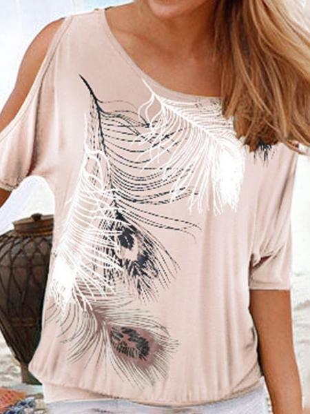 Feather Print Off-shoulder Round Neck T-shirt - T-shirts - INS | Online Fashion Free Shipping Clothing, Dresses, Tops, Shoes - 03/07/2021 - 10-20 - color-beige