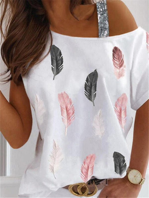 Feather Print Off Shoulder Short Sleeve Casual T-shirts - T-Shirts - INS | Online Fashion Free Shipping Clothing, Dresses, Tops, Shoes - 31/05/2021 - Category_T-Shirts - Category_Tops