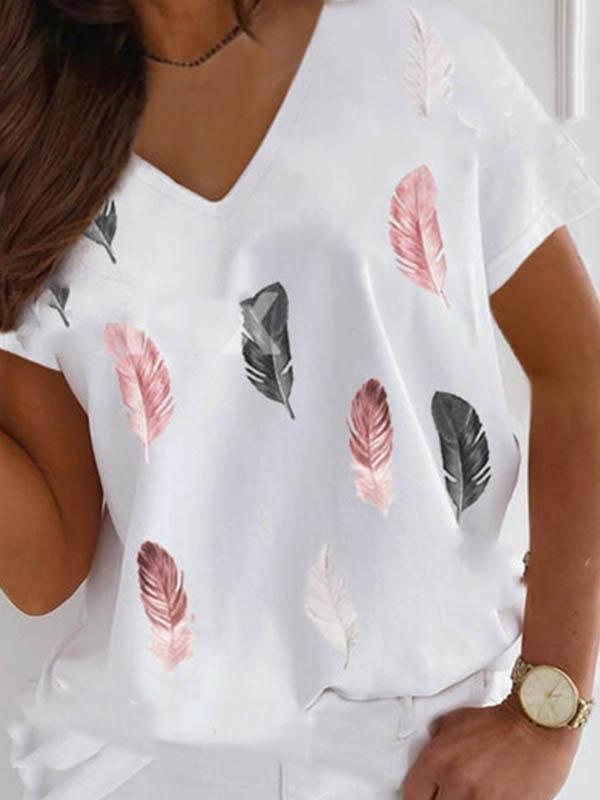 Feather Print V-neck T-shirt - T-shirts - INS | Online Fashion Free Shipping Clothing, Dresses, Tops, Shoes - 04/06/2021 - Color_White - LXQ