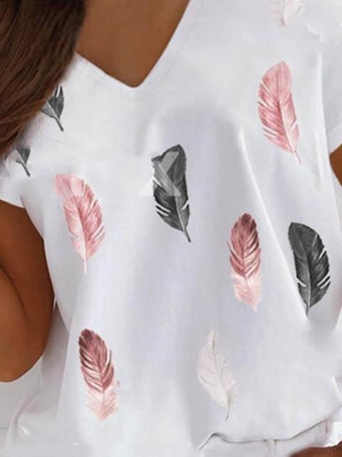 Feather Print V-neck T-shirt - T-shirts - INS | Online Fashion Free Shipping Clothing, Dresses, Tops, Shoes - 04/06/2021 - Color_White - LXQ