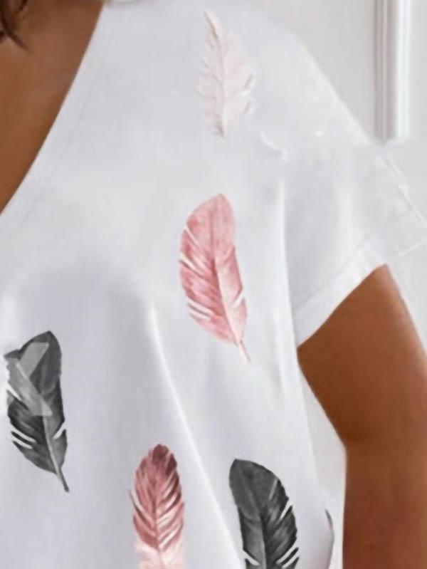 Feather Print V-neck T-shirt - T-shirts - INS | Online Fashion Free Shipping Clothing, Dresses, Tops, Shoes - 04/06/2021 - Color_White - LXQ