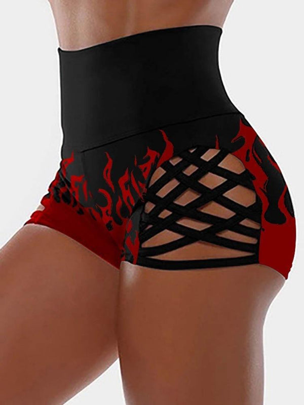 Fire Print Wide Waistband Bandage Shorts - Yoga Shorts - INS | Online Fashion Free Shipping Clothing, Dresses, Tops, Shoes - 30/04/2021 - Color_Black - Pants Length_Short