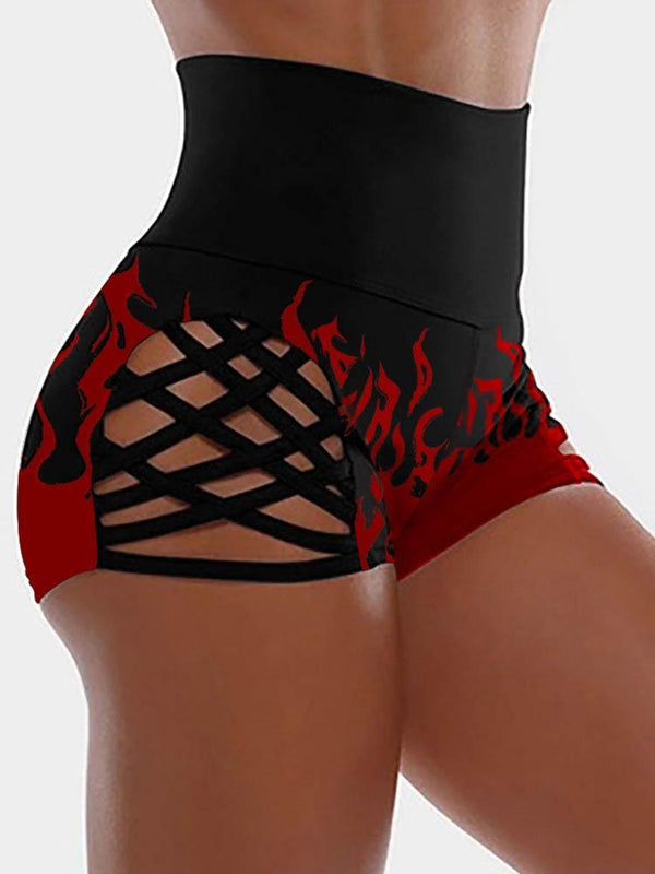 Fire Print Wide Waistband Bandage Shorts - Yoga Shorts - INS | Online Fashion Free Shipping Clothing, Dresses, Tops, Shoes - 30/04/2021 - Color_Black - Pants Length_Short