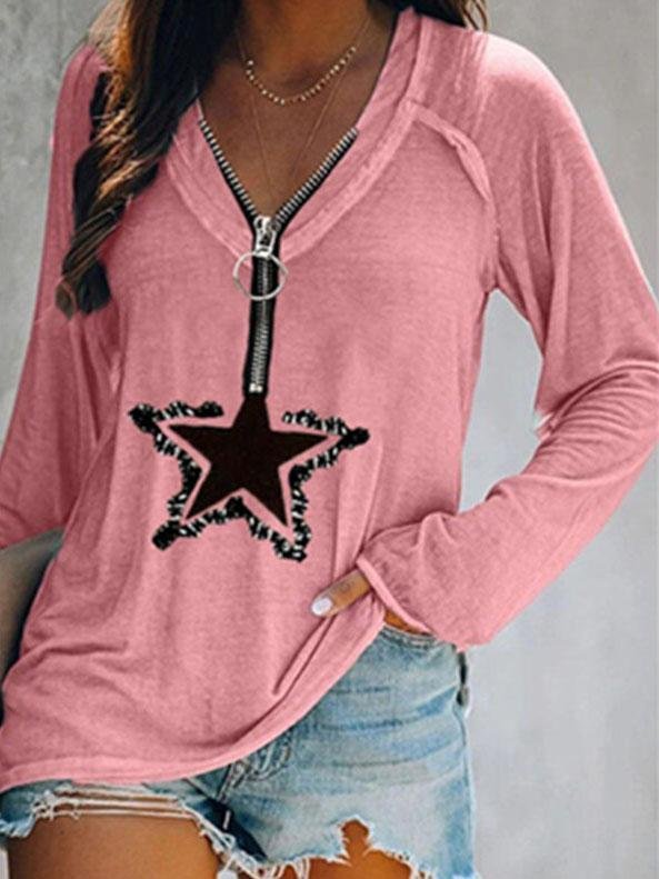 Five-pointed Star Zipper V-neck Long-sleeved T-shirt - T-shirts - INS | Online Fashion Free Shipping Clothing, Dresses, Tops, Shoes - 12/07/2021 - 20-30 - color-apricot