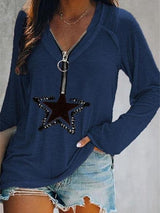 Five-pointed Star Zipper V-neck Long-sleeved T-shirt - T-shirts - INS | Online Fashion Free Shipping Clothing, Dresses, Tops, Shoes - 12/07/2021 - 20-30 - color-apricot