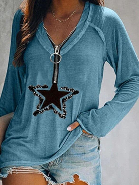 Five-pointed Star Zipper V-neck Long-sleeved T-shirt - T-shirts - INS | Online Fashion Free Shipping Clothing, Dresses, Tops, Shoes - 12/07/2021 - 20-30 - color-apricot