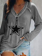 Five-pointed Star Zipper V-neck Long-sleeved T-shirt - T-shirts - INS | Online Fashion Free Shipping Clothing, Dresses, Tops, Shoes - 12/07/2021 - 20-30 - color-apricot