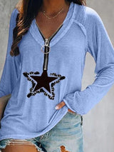 Five-pointed Star Zipper V-neck Long-sleeved T-shirt - T-shirts - INS | Online Fashion Free Shipping Clothing, Dresses, Tops, Shoes - 12/07/2021 - 20-30 - color-apricot