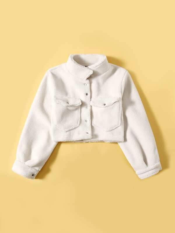 Flap Pocket Button Front Teddy Crop Jacket - INS | Online Fashion Free Shipping Clothing, Dresses, Tops, Shoes