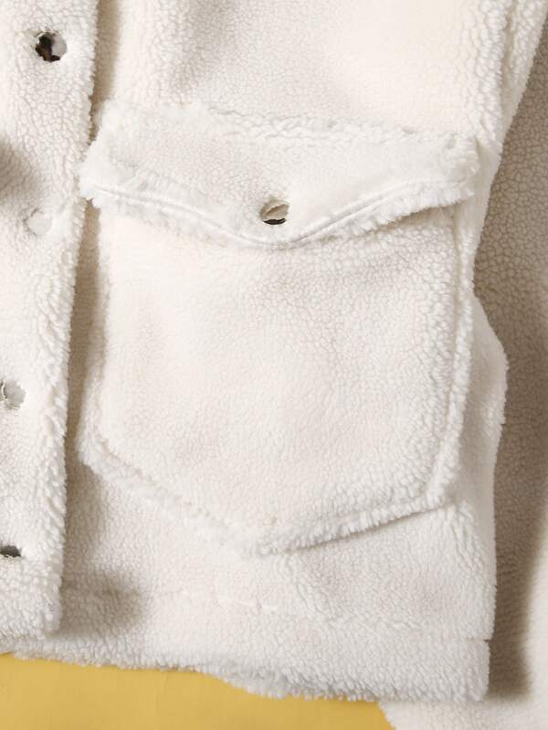 Flap Pocket Button Front Teddy Crop Jacket - INS | Online Fashion Free Shipping Clothing, Dresses, Tops, Shoes