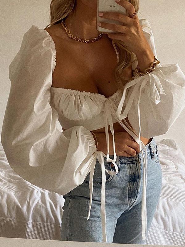 Flared Sleeve Short Navel Slim Navel Belly Blouses - Blouses - INS | Online Fashion Free Shipping Clothing, Dresses, Tops, Shoes - 04/12/2021 - BLO210412195 - Blouses