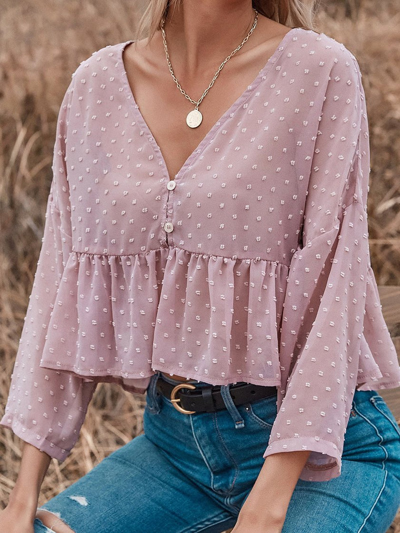 Flared Sleeve V-Neck Jacquard Blouses - Blouses - INS | Online Fashion Free Shipping Clothing, Dresses, Tops, Shoes - 17/06/2021 - 20-30 - Category_Blouses