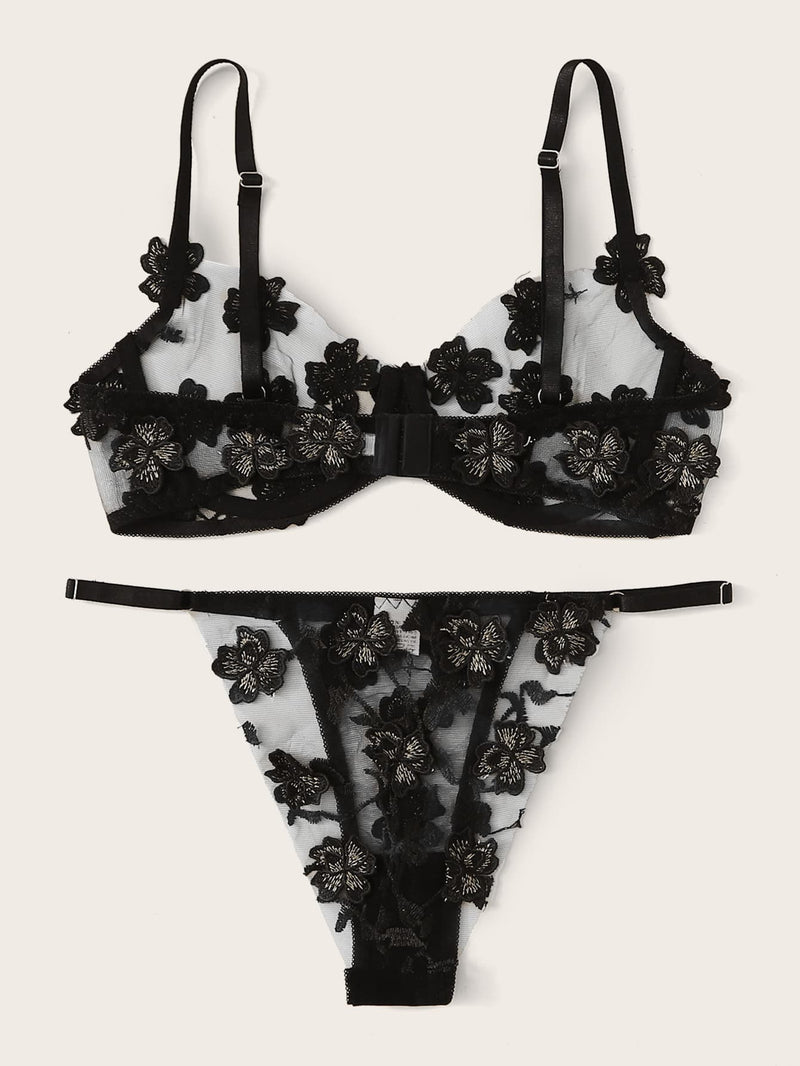 Floral Appliques Mesh Underwire Lingerie Set - INS | Online Fashion Free Shipping Clothing, Dresses, Tops, Shoes