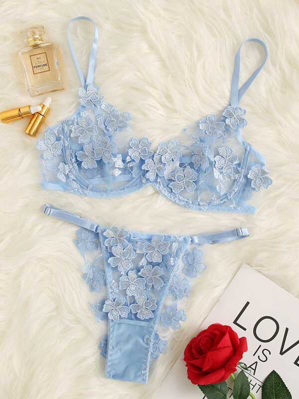 Floral Appliques Mesh Underwire Lingerie Set - INS | Online Fashion Free Shipping Clothing, Dresses, Tops, Shoes