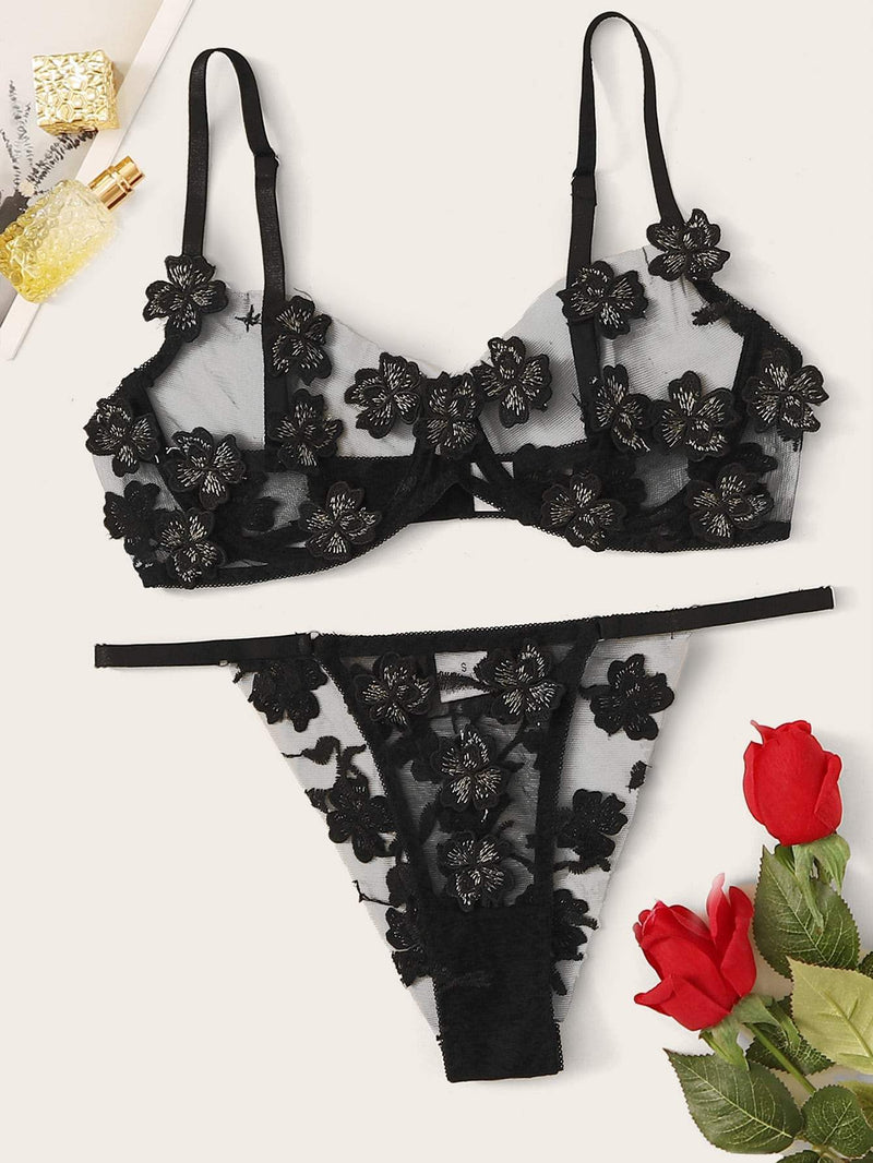 Floral Appliques Mesh Underwire Lingerie Set - INS | Online Fashion Free Shipping Clothing, Dresses, Tops, Shoes