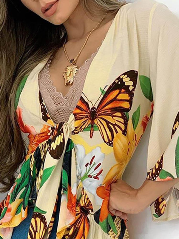 Floral Butterfly Print Bell Sleeve Knotted Ruffles Top - Blouses - INS | Online Fashion Free Shipping Clothing, Dresses, Tops, Shoes - 30/04/2021 - BLO210430026 - Blouses