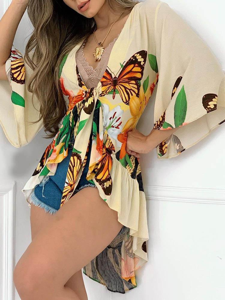 Floral Butterfly Print Bell Sleeve Knotted Ruffles Top - Blouses - INS | Online Fashion Free Shipping Clothing, Dresses, Tops, Shoes - 30/04/2021 - BLO210430026 - Blouses