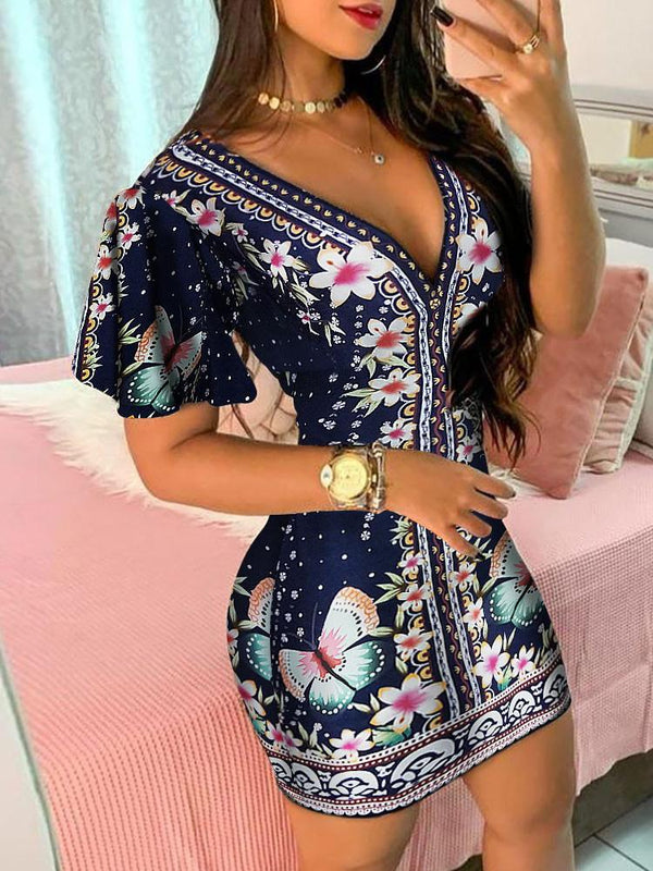 Floral Butterfly Print Ruffles Bodycon Dress - Bodycon Dresses - INS | Online Fashion Free Shipping Clothing, Dresses, Tops, Shoes - 30/04/2021 - Bodycon Dresses - Color_Multicolor