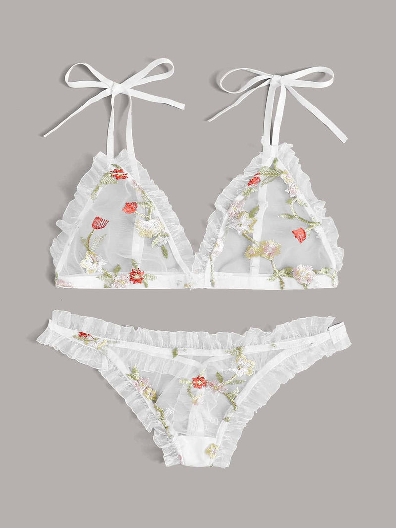 Floral Embroidered Mesh Frill Lingerie Set - INS | Online Fashion Free Shipping Clothing, Dresses, Tops, Shoes