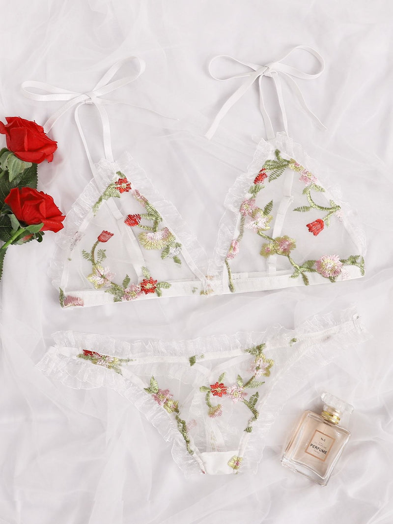 Floral Embroidered Mesh Frill Lingerie Set - INS | Online Fashion Free Shipping Clothing, Dresses, Tops, Shoes