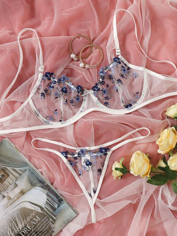 Floral Embroidered Mesh Underwire Lingerie Set - INS | Online Fashion Free Shipping Clothing, Dresses, Tops, Shoes