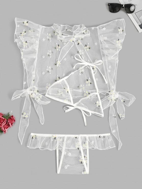 Floral Embroidered Ruffle Tie Mesh Lingerie Set - INS | Online Fashion Free Shipping Clothing, Dresses, Tops, Shoes