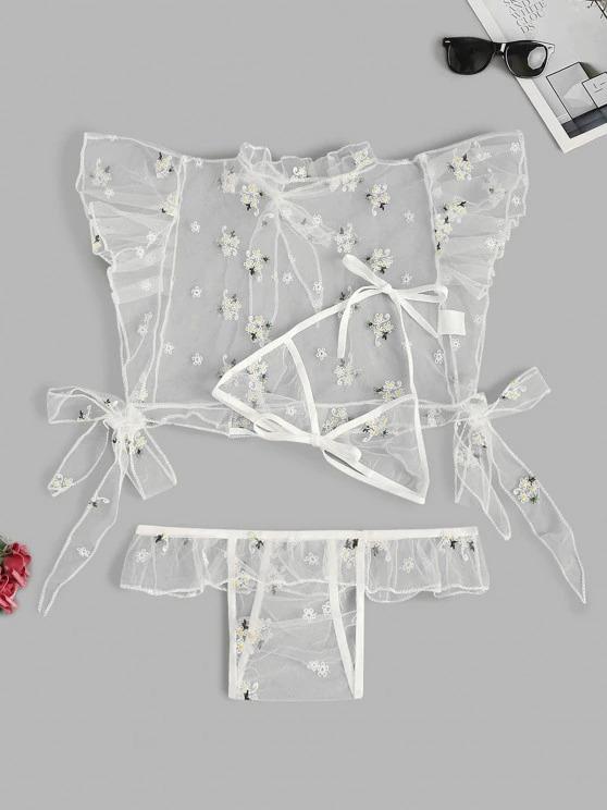 Floral Embroidered Ruffle Tie Mesh Lingerie Set - INS | Online Fashion Free Shipping Clothing, Dresses, Tops, Shoes