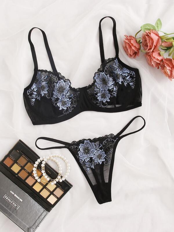 Floral Embroidered Underwire Mesh Lingerie Set - INS | Online Fashion Free Shipping Clothing, Dresses, Tops, Shoes