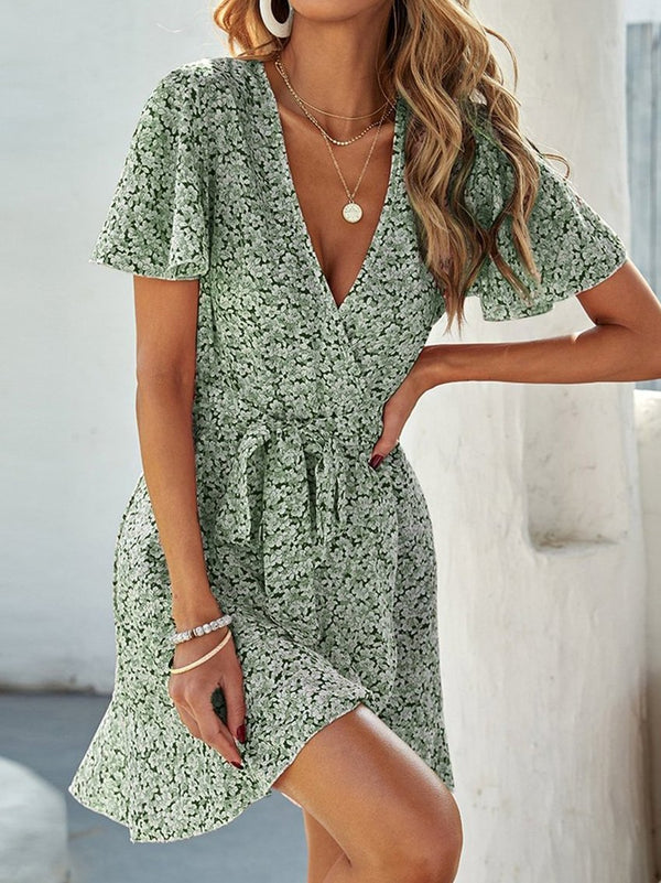 Floral Flowy Short Sleeve Belted Dress - Mini Dresses - INS | Online Fashion Free Shipping Clothing, Dresses, Tops, Shoes - 15/04/2021 - Colour_Green - Colour_Pink