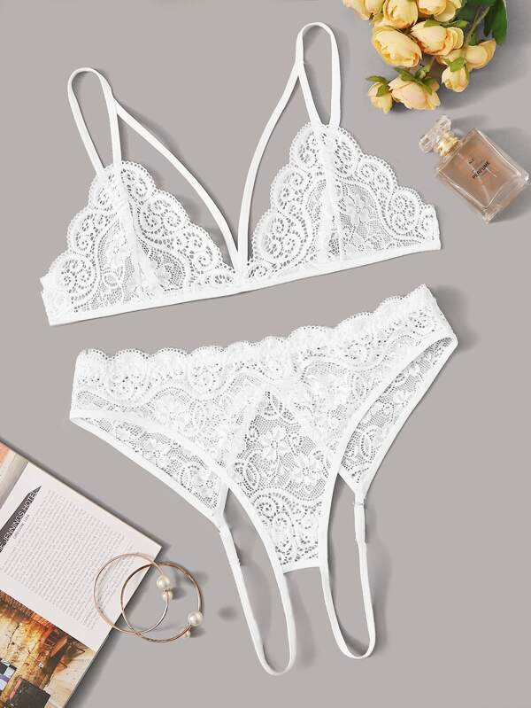 Floral Lace Crotchless Lingerie Set - INS | Online Fashion Free Shipping Clothing, Dresses, Tops, Shoes