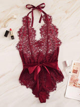 Floral Lace Halter Teddy Bodysuit - INS | Online Fashion Free Shipping Clothing, Dresses, Tops, Shoes