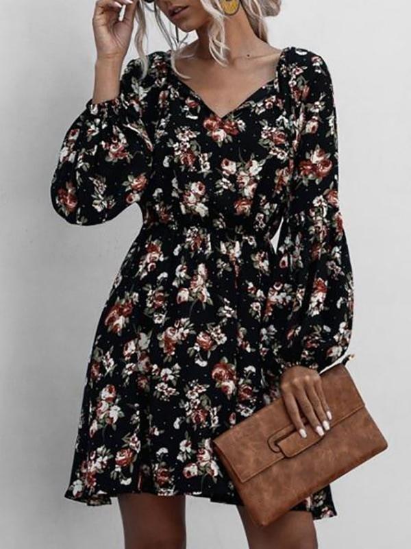 Floral Lantern Sleeve Mini Dress - Mini Dresses - INS | Online Fashion Free Shipping Clothing, Dresses, Tops, Shoes - 02/07/2021 - Casual Dresses - Dresses