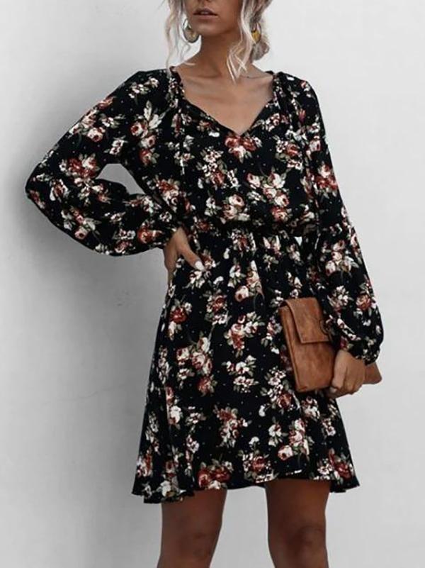 Floral Lantern Sleeve Mini Dress - Mini Dresses - INS | Online Fashion Free Shipping Clothing, Dresses, Tops, Shoes - 02/07/2021 - Casual Dresses - Dresses