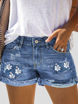 Floral Leopard Print Brushed Denim Shorts - Denim Shorts - INS | Online Fashion Free Shipping Clothing, Dresses, Tops, Shoes - 20-30 - 21/07/2021 - Bottom