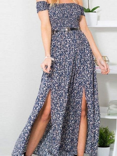 Floral One Shoulder Irregular Split Dress - Maxi Dresses - INS | Online Fashion Free Shipping Clothing, Dresses, Tops, Shoes - 04/06/2021 - Category_Maxi Dresses - Color_Blue