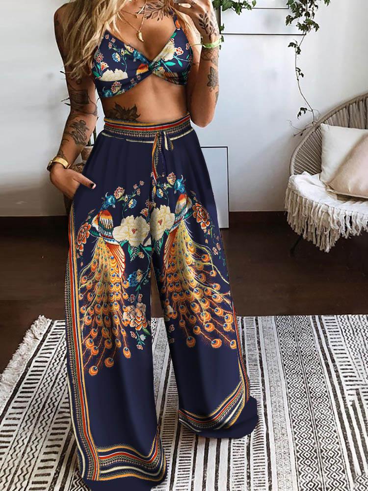 Floral Peacock Print Twisted Front Crop Top & Wide Leg Pants Set - Two-piece Outfits - INS | Online Fashion Free Shipping Clothing, Dresses, Tops, Shoes - 05/05/2021 - Color_Purplish Blue - SET210505030