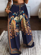 Floral Peacock Print Twisted Front Crop Top & Wide Leg Pants Set - Two-piece Outfits - INS | Online Fashion Free Shipping Clothing, Dresses, Tops, Shoes - 05/05/2021 - Color_Purplish Blue - SET210505030