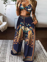 Floral Peacock Print Twisted Front Crop Top & Wide Leg Pants Set - Two-piece Outfits - INS | Online Fashion Free Shipping Clothing, Dresses, Tops, Shoes - 05/05/2021 - Color_Purplish Blue - SET210505030