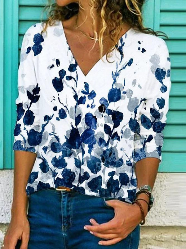 Floral Print 3/4 Sleeve V-neck Top - T-Shirts - INS | Online Fashion Free Shipping Clothing, Dresses, Tops, Shoes - 20-30 - 23/06/2021 - color-blue