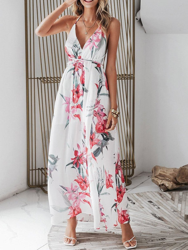 Floral Print Backless Wrap Split Slip Dress - Maxi Dresses - INS | Online Fashion Free Shipping Clothing, Dresses, Tops, Shoes - 01/27/2021 - Beach - Color_Red