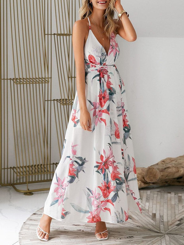 Floral Print Backless Wrap Split Slip Dress - Maxi Dresses - INS | Online Fashion Free Shipping Clothing, Dresses, Tops, Shoes - 01/27/2021 - Beach - Color_Red