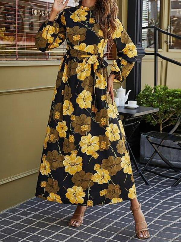 Floral Print Belted Maxi Dress - Dresses - INS | Online Fashion Free Shipping Clothing, Dresses, Tops, Shoes - 01/28/2021 - Autumn - Blue