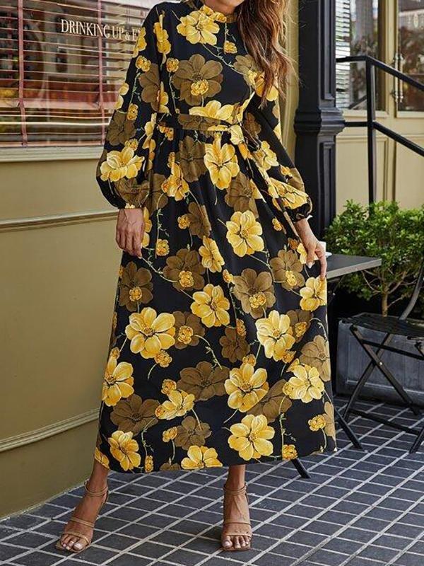 Floral Print Belted Maxi Dress - Dresses - INS | Online Fashion Free Shipping Clothing, Dresses, Tops, Shoes - 01/28/2021 - Autumn - Blue