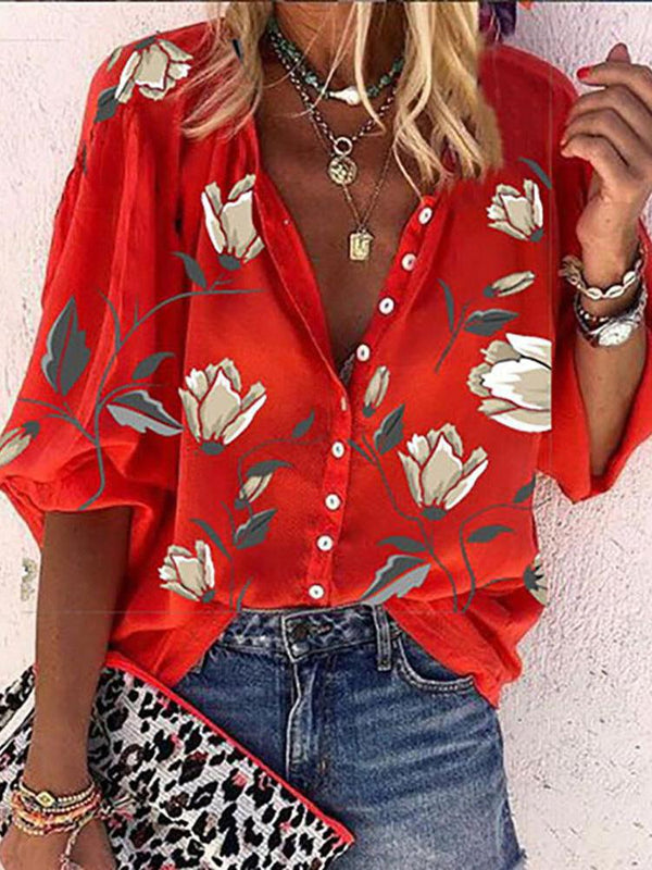 Floral Print Button Front Lantern Sleeve Shirt - Blouses - INS | Online Fashion Free Shipping Clothing, Dresses, Tops, Shoes - 29/04/2021 - BLO210429038 - Blouses