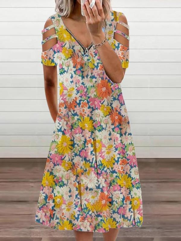 Floral Print Casual Short Sleeve Zipper V-neck Dress - Midi Dresses - INS | Online Fashion Free Shipping Clothing, Dresses, Tops, Shoes - 10/06/2021 - Category_Midi Dresses - Color_Yellow