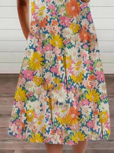 Floral Print Casual Short Sleeve Zipper V-neck Dress - Midi Dresses - INS | Online Fashion Free Shipping Clothing, Dresses, Tops, Shoes - 10/06/2021 - Category_Midi Dresses - Color_Yellow